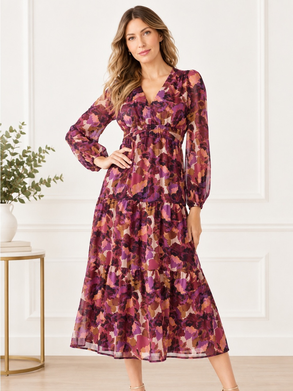 sofia by sofia vergara Berry Floral Long Sleeve Wrap Dress